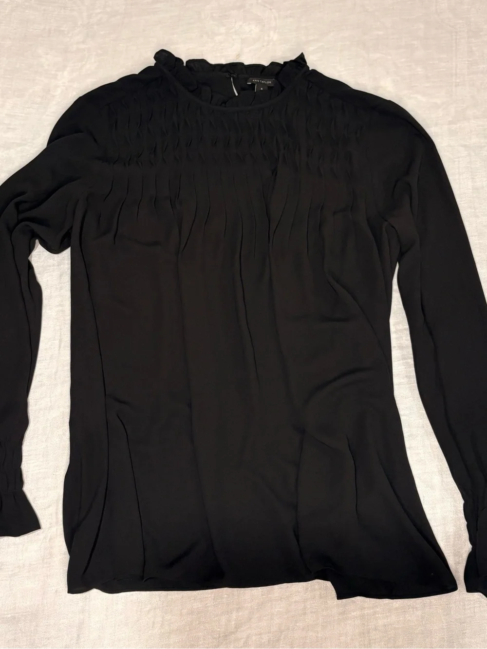 Ann Taylor Black Long-Sleeve Smocked Yoke Blouse medium - Picture 1 of 5